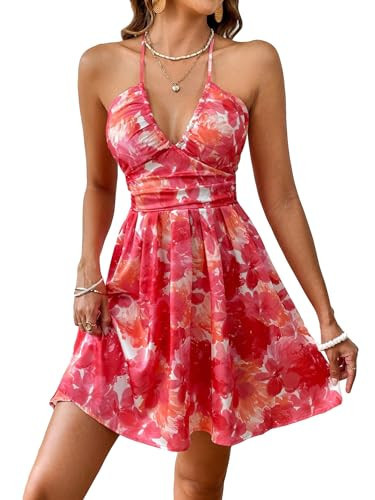 MakeMeChic Women's Boho Floral Summer Dress Criss Cross High Waisted V Neck Sleeveless Short Sundress Pink Small | Amazon (US)