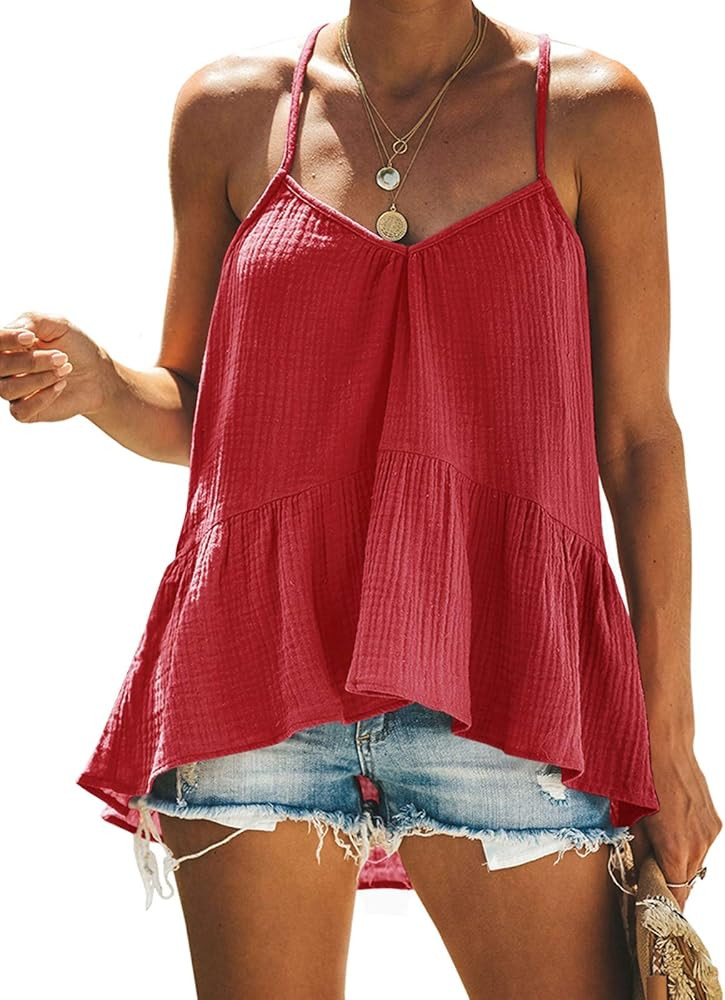 GAMISOTE Womens Spaghetti Strap Loose Tops Halter V Neck Peplum Flowy Shirts Tunics | Amazon (US)