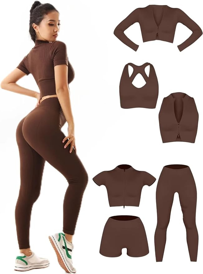 6 PCS Workout Sets for Women Ribbed Women's Athletic Clothing Sets Pilates Yoga Outfits Sports Br... | Amazon (US)