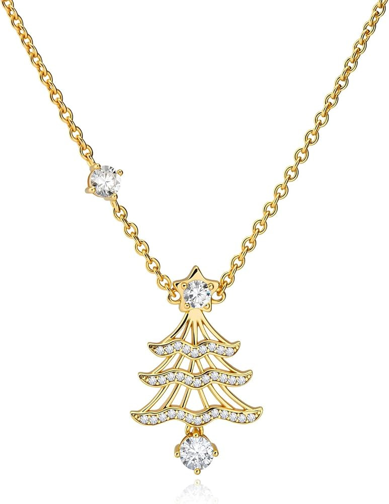 Cicy Bell Christmas Tree Pendant Necklace For Women 18K Gold Plated Star Bell Cubic Zirconia Neck... | Amazon (US)
