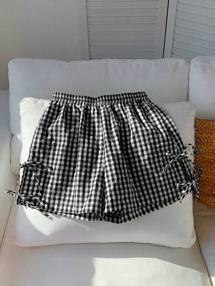 Comfortcana Black And White Plaid Woven Women's Bow Decorated Shorts | SHEIN