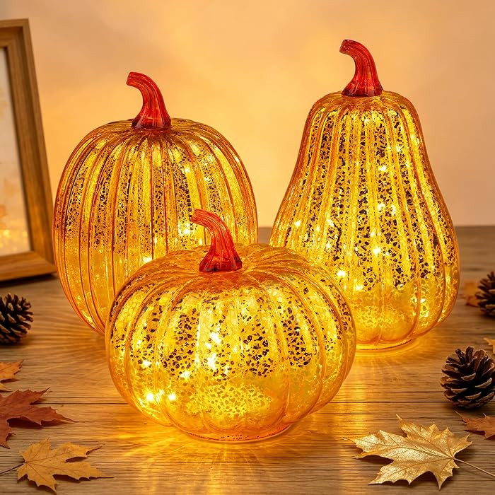 3 Pack Light up Mercury Glass Pumpkins for Fall Decor Thanksgiving Gifts | Amazon (US)