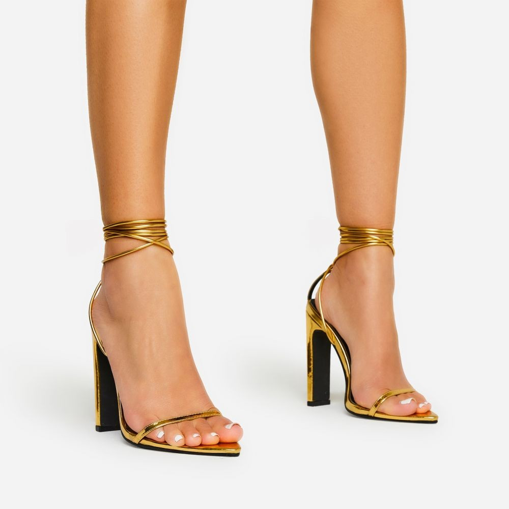 Mona-Lisa Lace Up Pointed Toe Thin Block Heel In Gold Metallic Faux Leather | EGO Shoes (US & Canada)