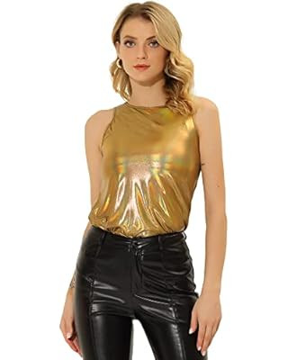 Allegra K Women's Party Shiny Sleeveless Camisole Club Shimmer Metallic Tank Top | Amazon (US)