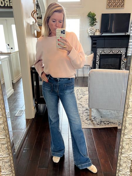 In-stock Patch pocket under $70 and so so so good
These will sell out fast too! 

Mid rise hits at me belly button,
Works for tall girls,
Flared bottom with a hem boarder 
And bum pocket placement and yoke are placed in good spot! 

You don’t want to miss these jeans! They’ll sell out too! 

Fit true to size I am in 27 

In Spanx air essentials sweatshirt crew- neck, buttery soft and perfect for casual comfy days as well as travel. 

Save on Spanx SAVE 10% off all Spanx with my CODE: DEARDARCYXSPANX
Great free shipping and returns too

#LTKVideo #LTKstyletip #LTKfindsunder100