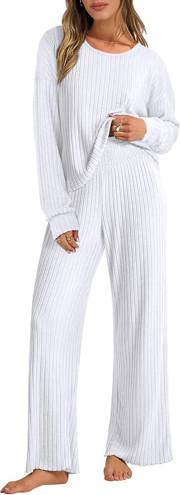 ANRABESS Women 2 Piece Lounge Pajamas Sets Casual Ribbed Knit Long Sleeve Top Pants Matching Set ... | Amazon (US)