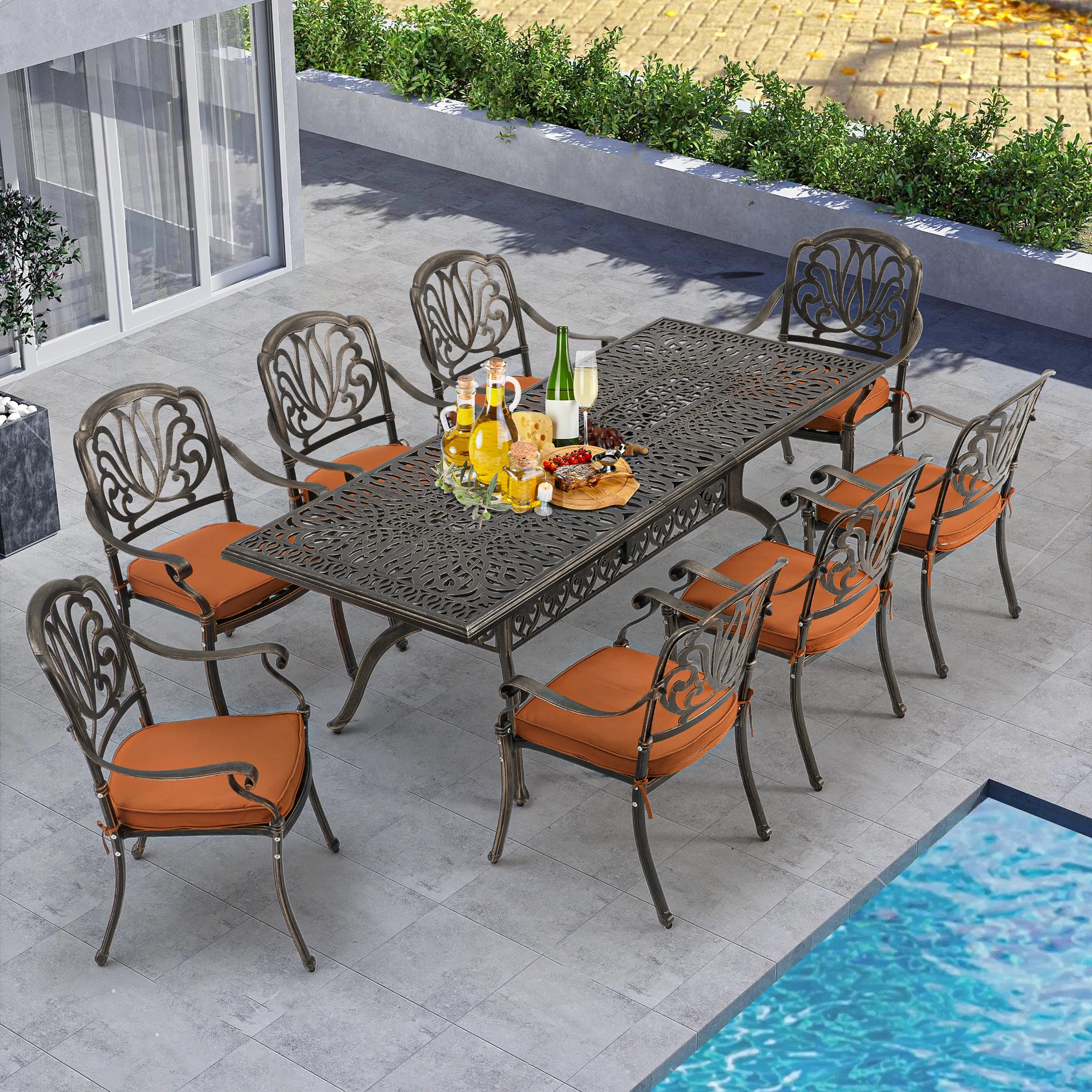Asharn 8 - Person Metal Patio Dining Set with Rectangular Table , Cushions Included | Wayfair North America