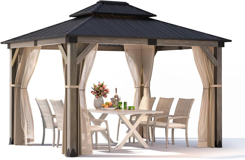 COSIEST 10x12Ft Cedar Wood Gazebo, Outdoor Hardtop Gazebo with 2-Tier Galvanized Steel Roof, Nett... | Amazon (US)