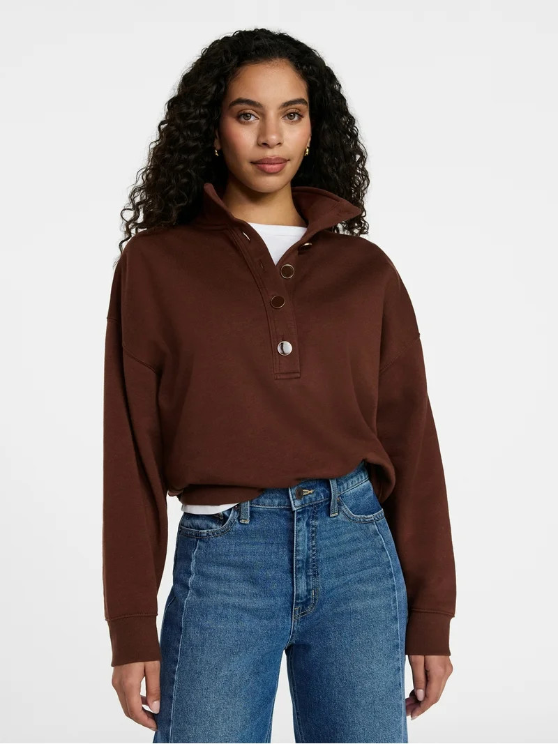 Time and Tru Women's Quarter Button Fleece Top with Long Sleeves, Size XS-XXXL | Walmart (US)