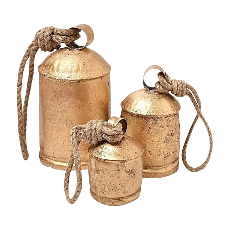 Set of 3 Vintage Brass Christmas Cow Bells Handmade Rustic Farmhouse Holiday Decor Large Metal Ha... | Walmart (US)