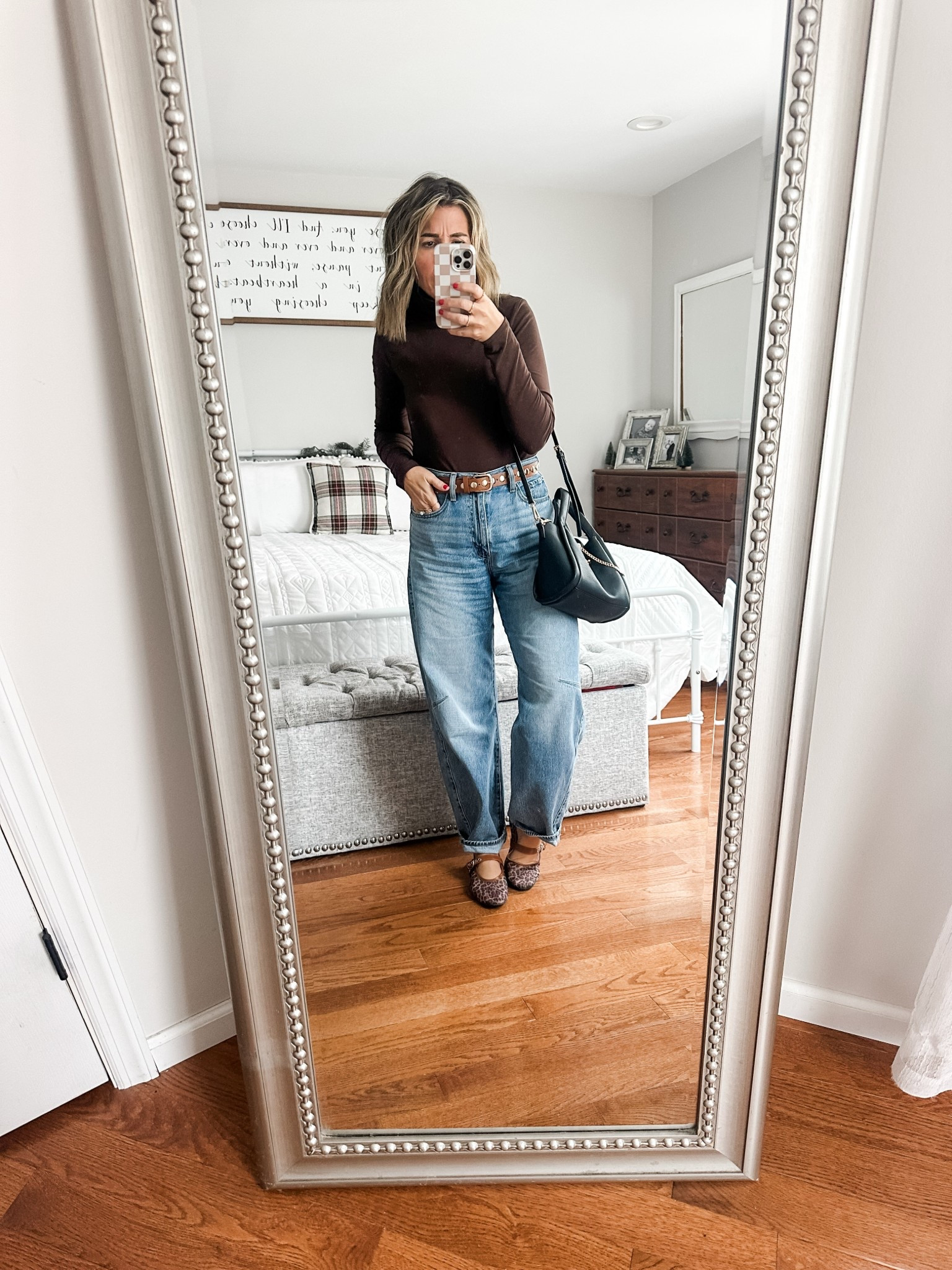 All of the wardrobe staples today.  

Barrel Jeans ✔️ 
Solid-Color Turtleneck ✔️
Cute Belt ✔️
Leopard Flats ✔️
Simple Black Bag ✔️

#LTKOver40 #LTKSeasonal #LTKFindsUnder50