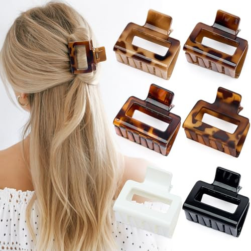 Auseibeely 6 Pcs Rectangle Small Hair Clips, 2 Inch Claw Clip for Women & Girls, Medium Tortoise Shell Hair Claw Clips, Non-Slip Leopard Print Jaw Clips- Ideal for Thin Medium Short Hair | Amazon (US)