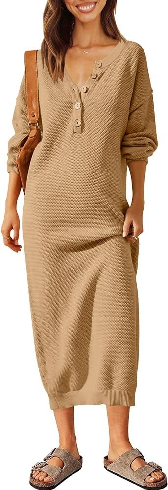 LILLUSORY Women Pullover Sweater Maxi Dresses 2023 Fall Long Sleeve Button V Neck Oversized Waffl... | Amazon (US)