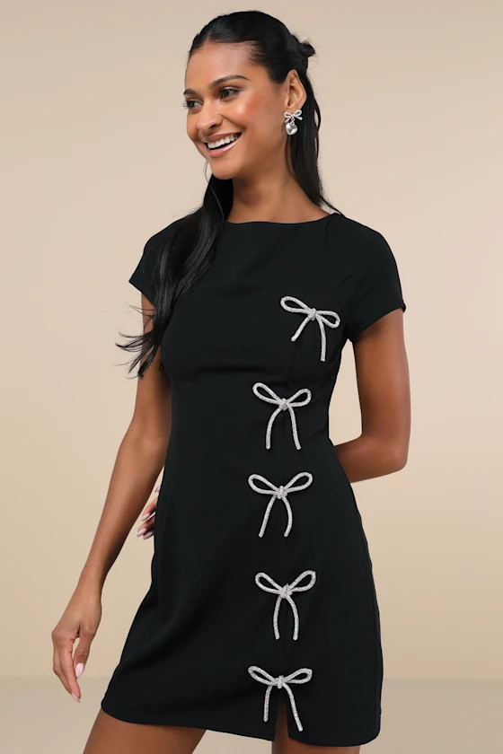 Endearing Sparkle Black Rhinestone Bow Mini Dress | Lulus