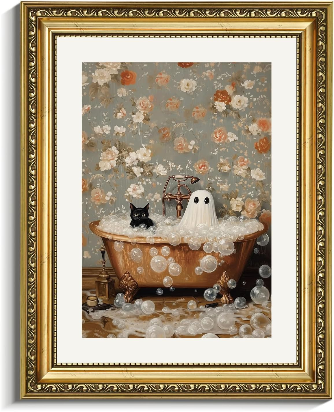 VIYYIEA Gold Framed Canvas Art Prints,11x14Inch, Funny Halloween Decor, Cute Ghost Cat Decor for kids Bathroom Shelf Bathtub Hotel, Whimsical Cottagecore Halloween Picture | Amazon (US)