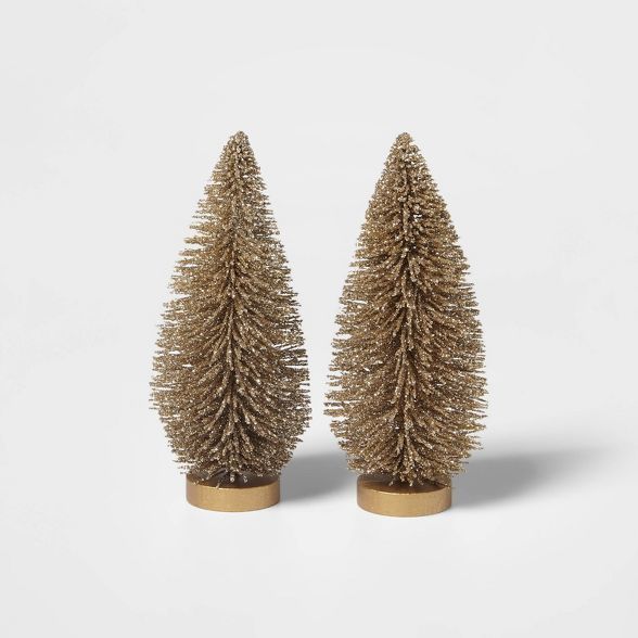 2pk Glitter Bottle Brush Christmas Tree Decorative Figurine Set Gold - Wondershop™ | Target