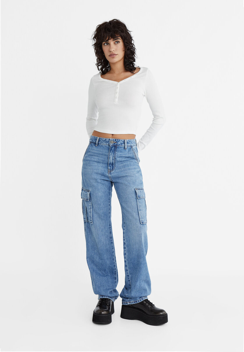 Straight fit cargo jeans - Women's fashion | Stradivarius United Kingdom | Stradivarius (UK)