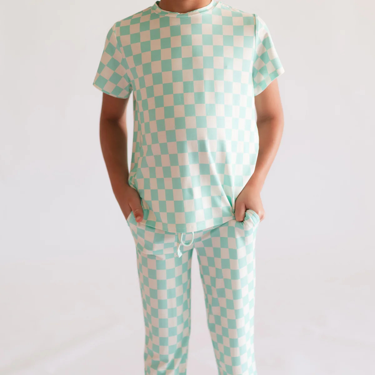 Youth Jogger Set In Teal Neon Checkered | Silks Design