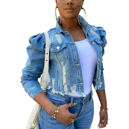 DanceeMangoos Women s Short Ripped Denim Jackets Cropped Puff Sleeve Distressed Jean Jackets | Walmart (US)