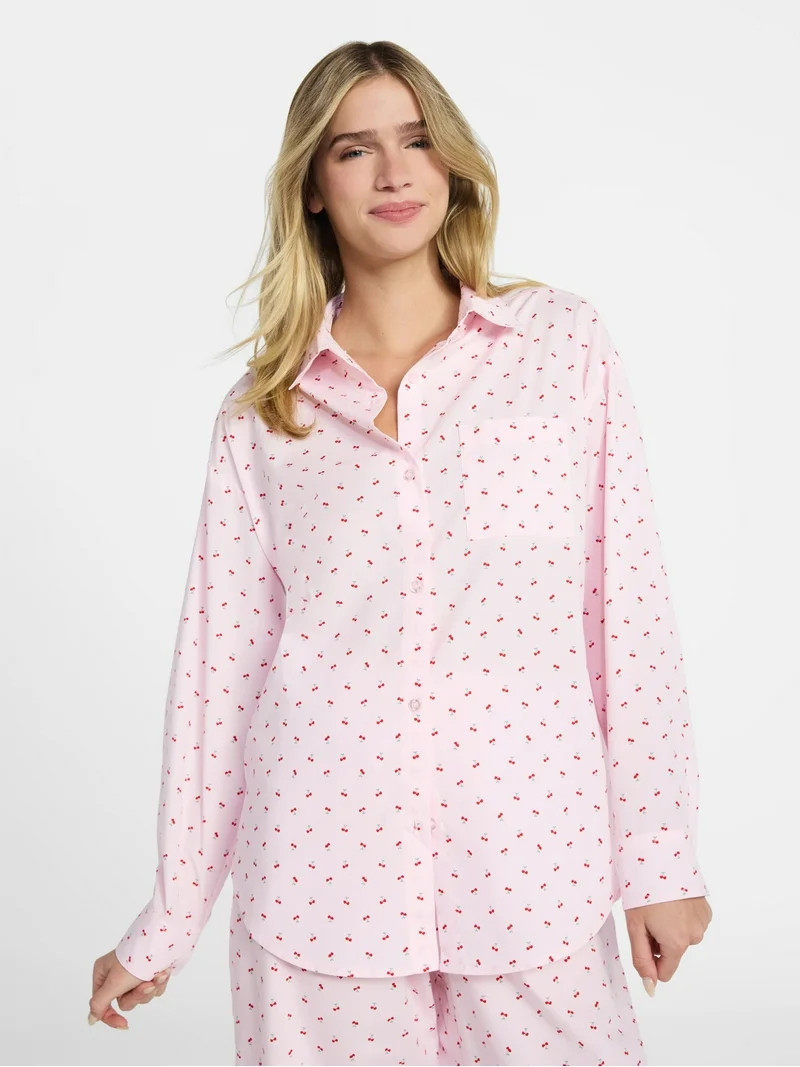 No Boundaries Sleepwear Woven Cotton Button-Down Shirt, Women's XS-XXL | Walmart (US)