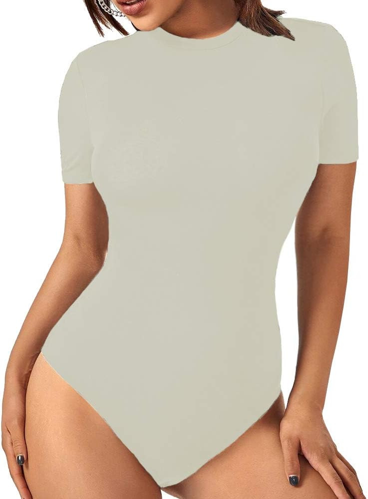 LINMON Women's Round Collar Short Sleeve/Long Sleeve Bodysuit Stretchy Jumpsuit Tops | Amazon (US)