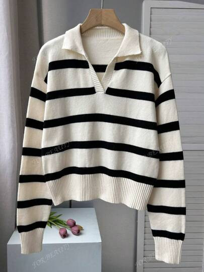 FOR BEAUTY Spring And Autumn New POLO Collar Half Open Retro Stripe Color Blocked Long Sleeved Knitted Sweater Women's Fashion Loose Old Money Style Graduation Sweater For Women | SHEIN