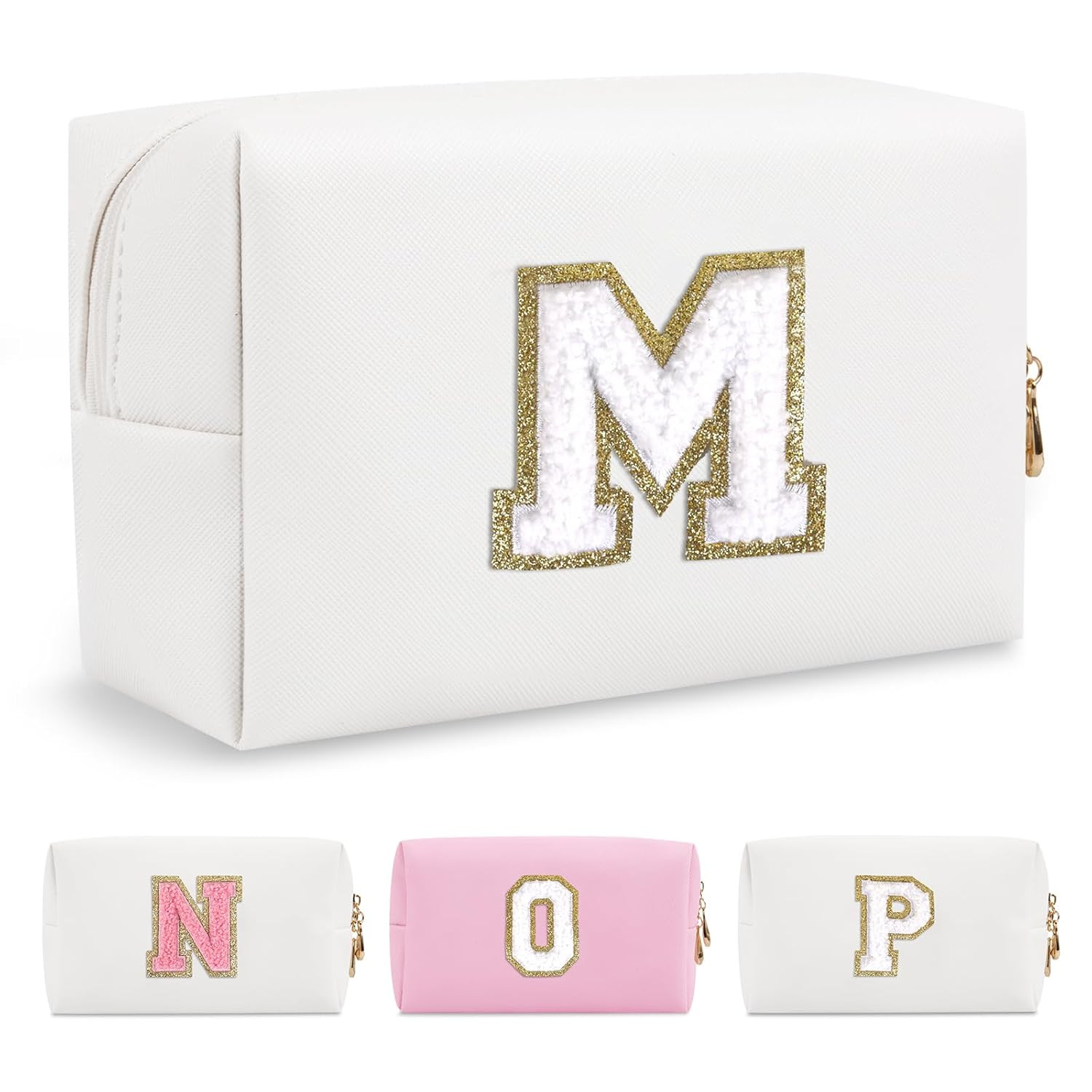 Small Personalized Initial A-Z Preppy Patch Makeup Bag,White PU Chenille Letter Travel Cosmetic P... | Amazon (US)
