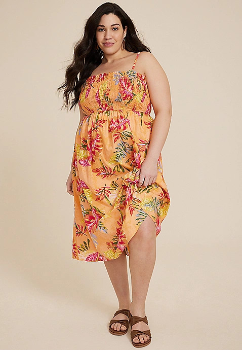Plus Size Floral Smocked Poplin Midi Dress | Maurices