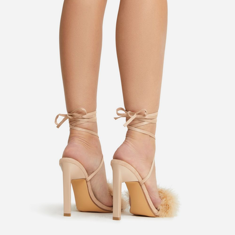Aubrie Fluffy Faux Feather Lace Up Square Toe Sculptured Heel In Nude Faux Suede | EGO Shoes (US & Canada)