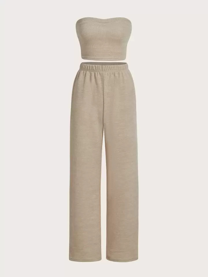 SHEIN EZwear Crop Tube Top & Wide Leg Pants Set | SHEIN