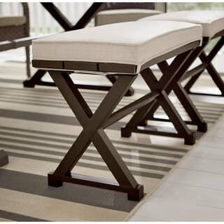 Mix and Match Farmhouse 2-Person Steel Outdoor Patio Bench with Tan Cushion | The Home Depot
