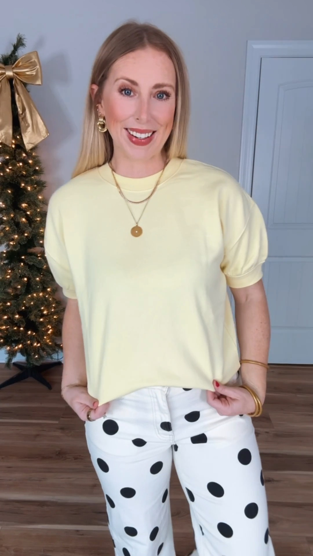 Walmart try on, time and tru, yellow puff sleeve sweatshirt, Amazon polka dot jeans 

#LTKootd #LTKFindsUnder50
