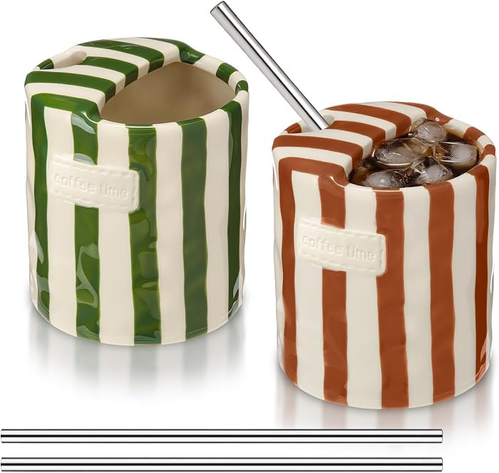 Ferrochef 2 Pack Ceramic Coffee Mug Espresso Cup 10oz with Sip Hole and Straws Retro Hand Painted Striped Porcelain Coffee Cup for Kitchen Dining Travel Milk Juice Latte Hot Cold Drinks (Green,Brown) | Amazon (US)