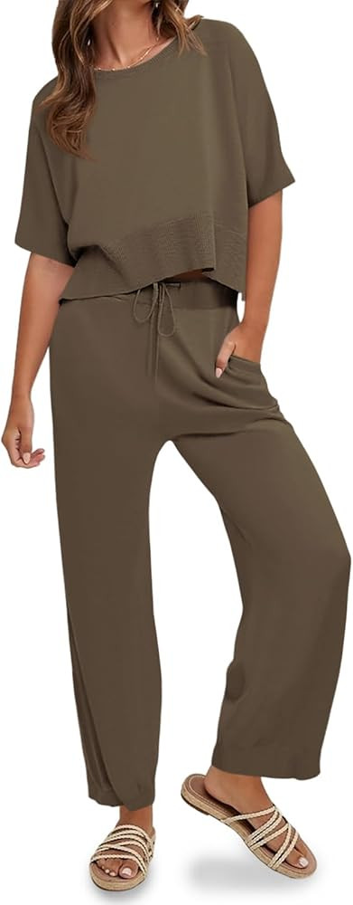 Fisoew Womens 2 Piece Outfits Sweater Sets Knit Split Crop Tops High Waisted Pants Lounge Set | Amazon (US)