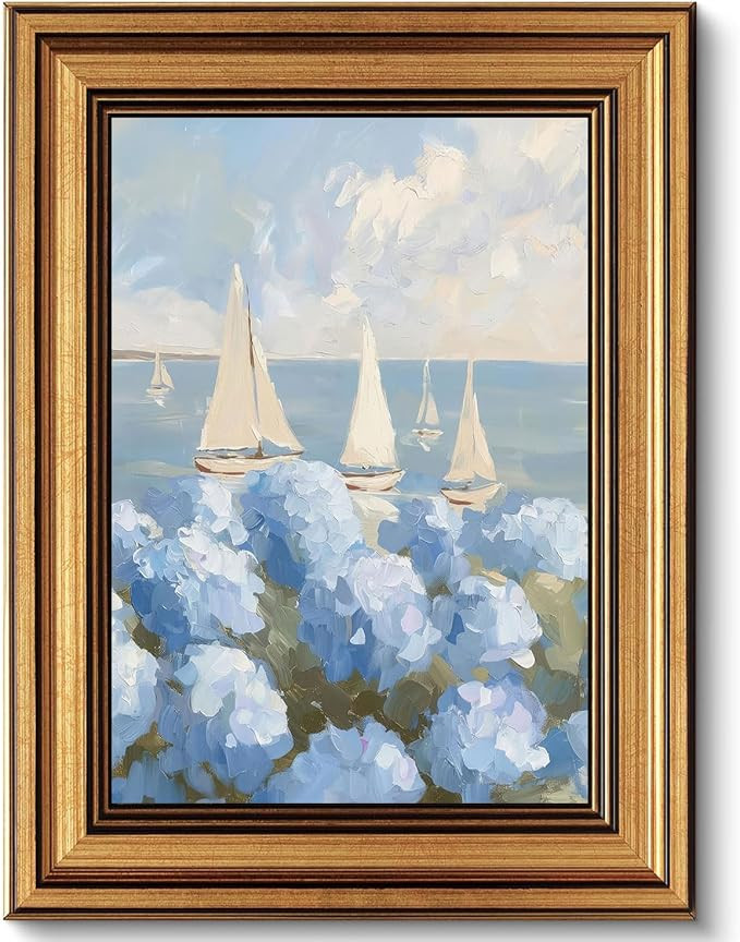 Gold Framed Vintage Coastal Hydrangea Canvas Wall Art Coastal Sailboat Painting Picture Wall Deco... | Amazon (US)