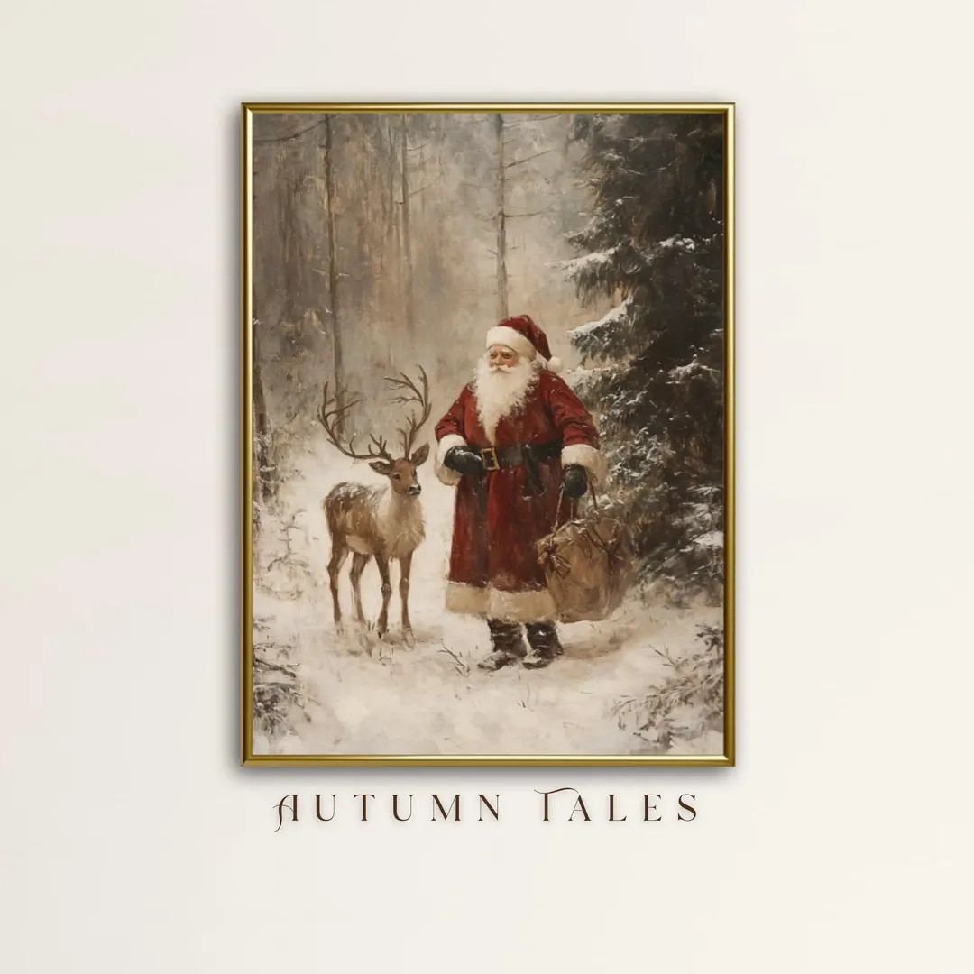 Vintage Santa Wall Art Print, Antique Chrsimas Printable Decor, Moody Snowy Pine Tree Forest and ... | Etsy (US)