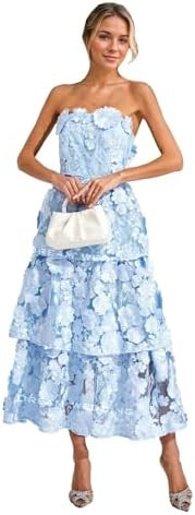 3D Floral Appliques Prom Dress Strapless Tiered Homecoming Party Gowns A-Line Tulle Wedding Guest... | Amazon (US)