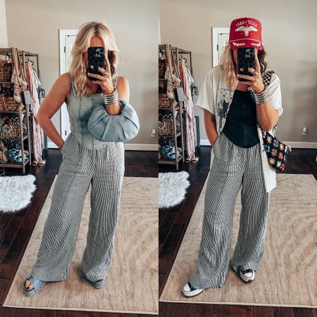Let’s style these striped pants and corset denim tops from Target!! 🎯 
•Denim tops size M
•Pants size M
•Graphic tee size XL Sandals true to size •Converse sized down 
•Crochet bag is @oikoshandmade on IG save with code MM10
•Checkered strap save with code MANDIE
•EARRINGS save with code MANDIE15

#LTKstyletip #LTKxTarget #LTKover40