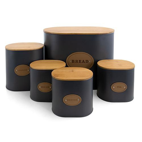 MegaChef Kitchen Food Storage and Organization 5 Piece Canister Set in Grey with Bamboo Lids | HSN