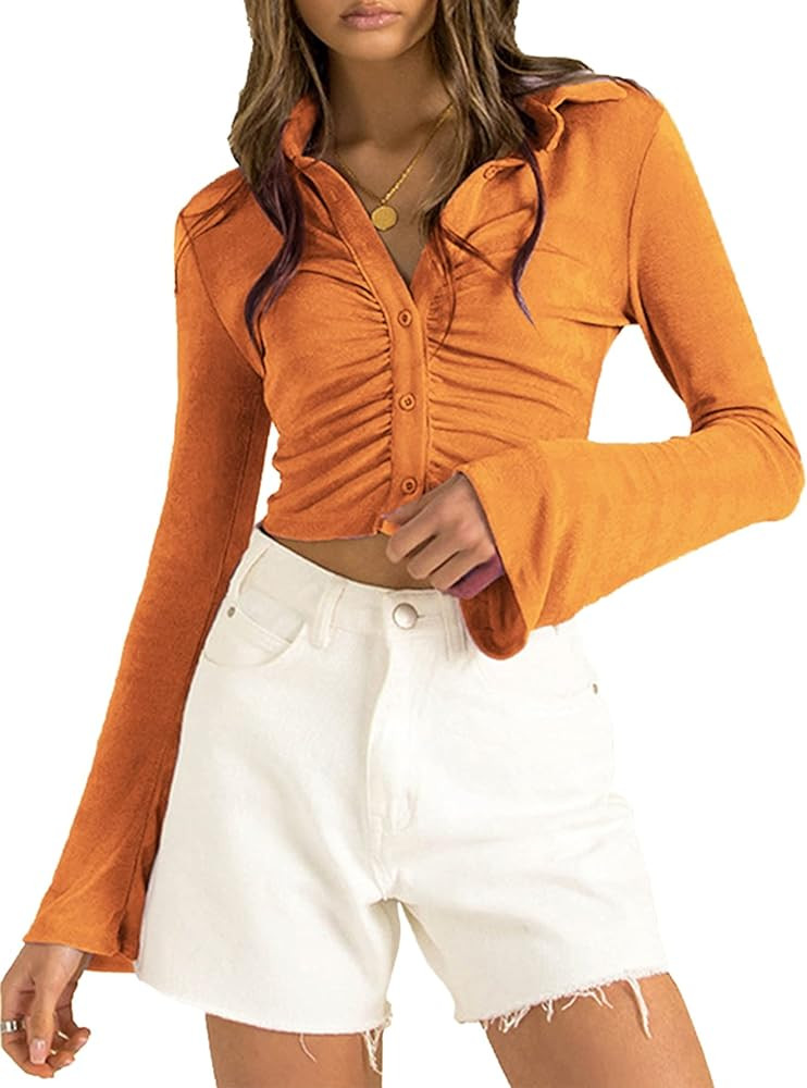 LYANER Women's Collar Button Down Ruched Long Sleeve Fitted Crop Tee Shirt Top | Amazon (US)