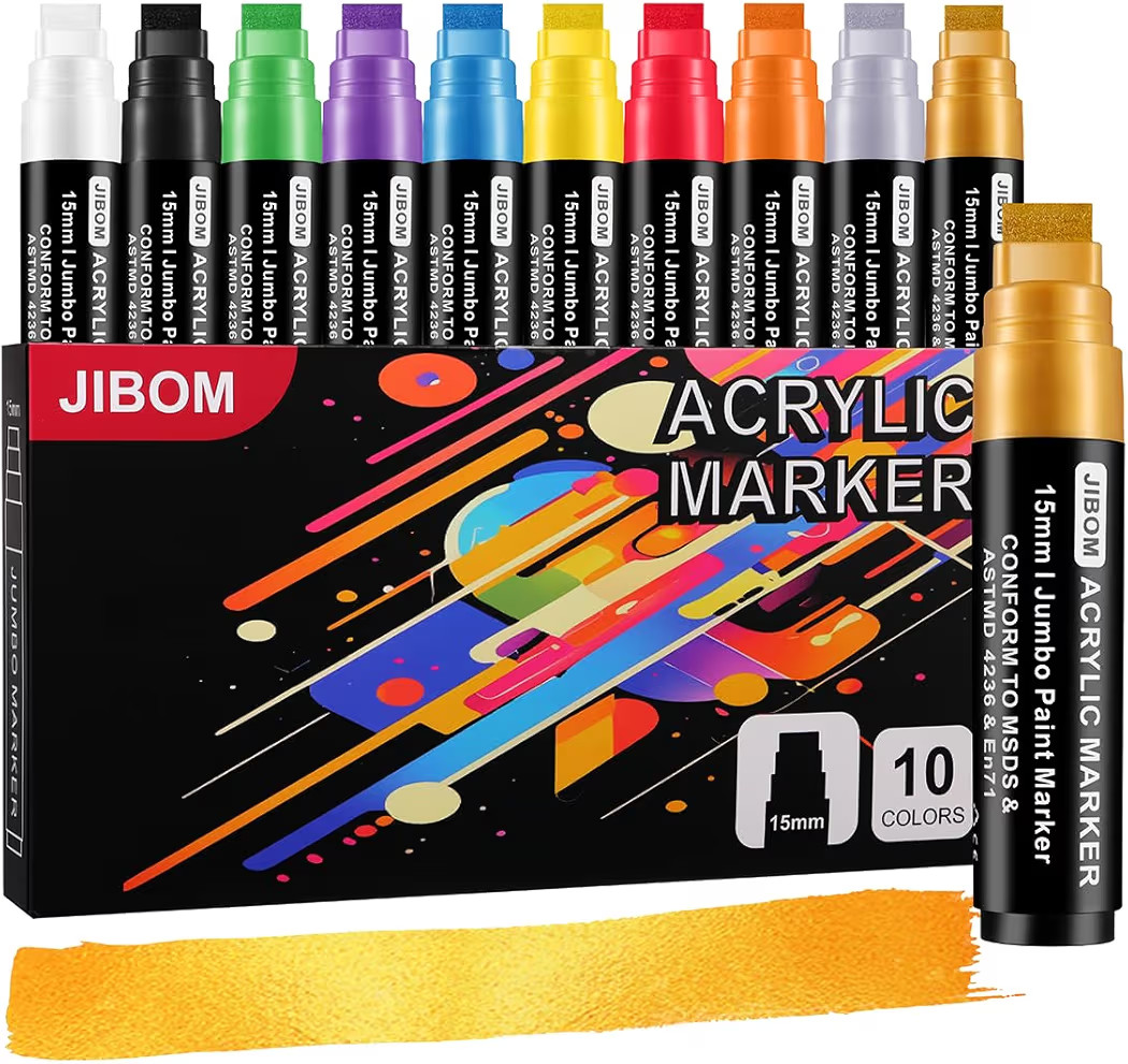 10 Colors Jumbo Acrylic Paint Markers (2 Metallic), 15mm Extra Large Felt Tip Thick Paint Pens fo... | Amazon (US)