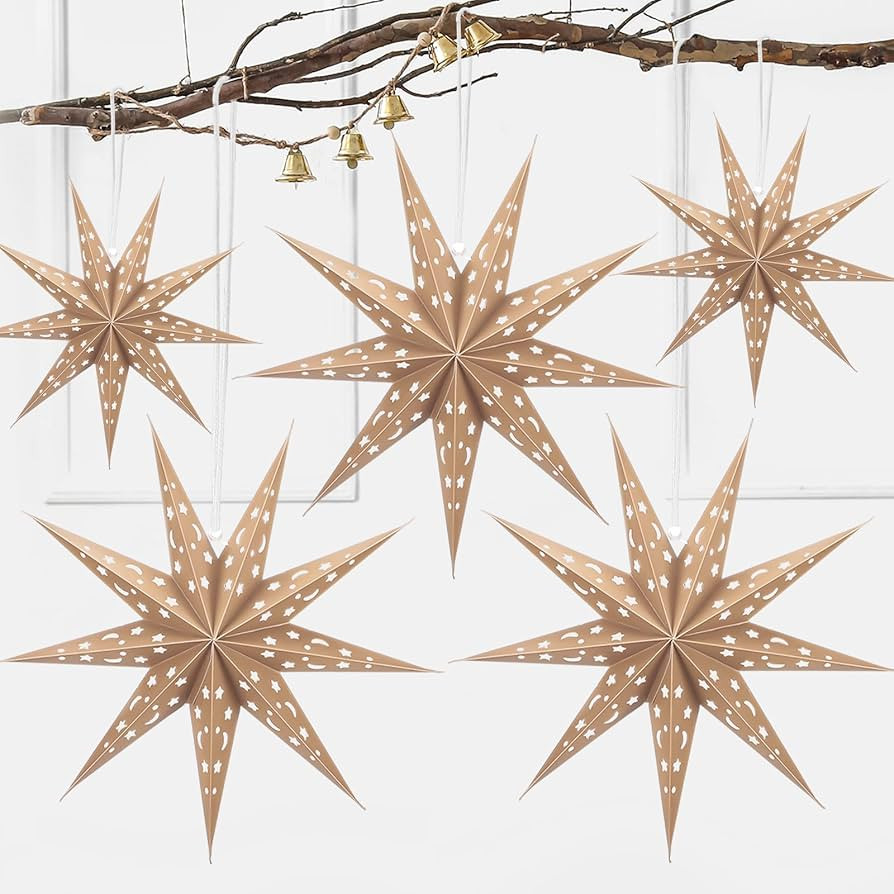 5-Piece 3D Paper Lantern - 24 inch Hollow Star Lamps - Xmas, Wedding, Birthday Multicolor Pack (9... | Amazon (US)