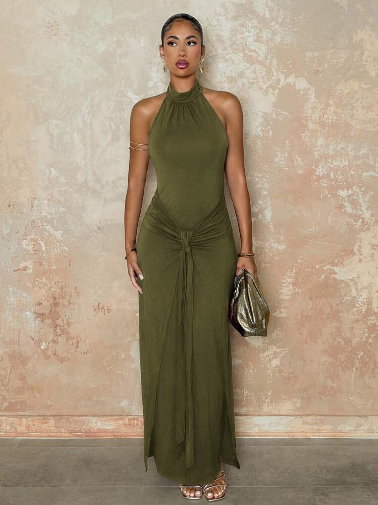 SHEIN BAE Women's Sleeveless Turtleneck Minimalist Bodycon Ruched Binding Long Dress, Coffee Brown, Autumn/Winter | SHEIN