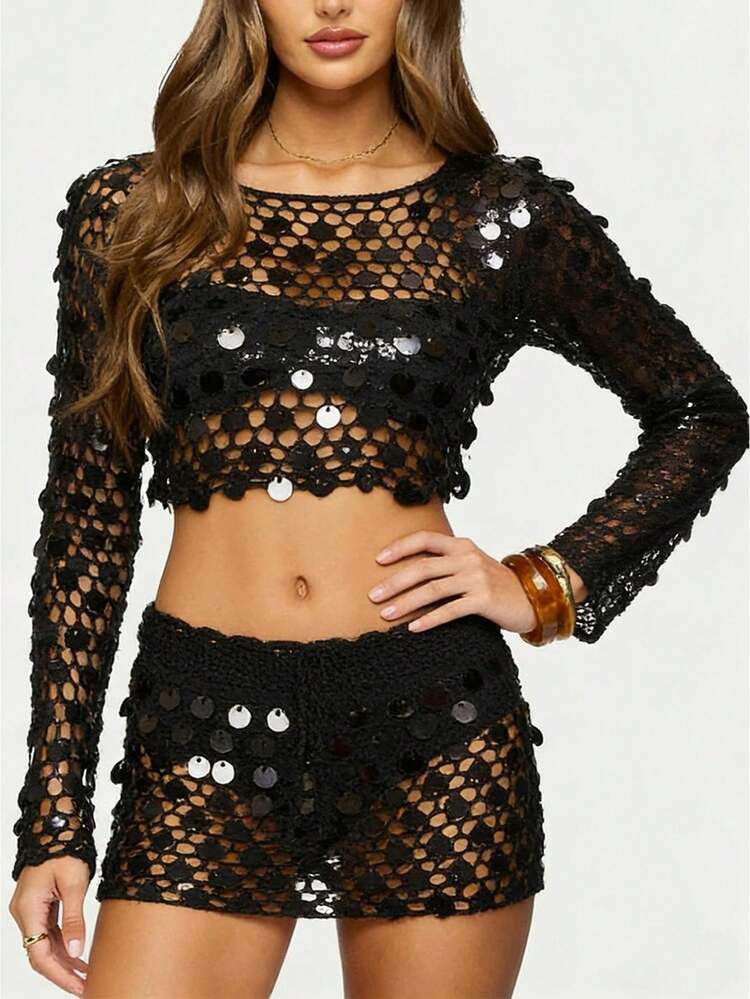 Women's two piece mesh crochet set | SHEIN