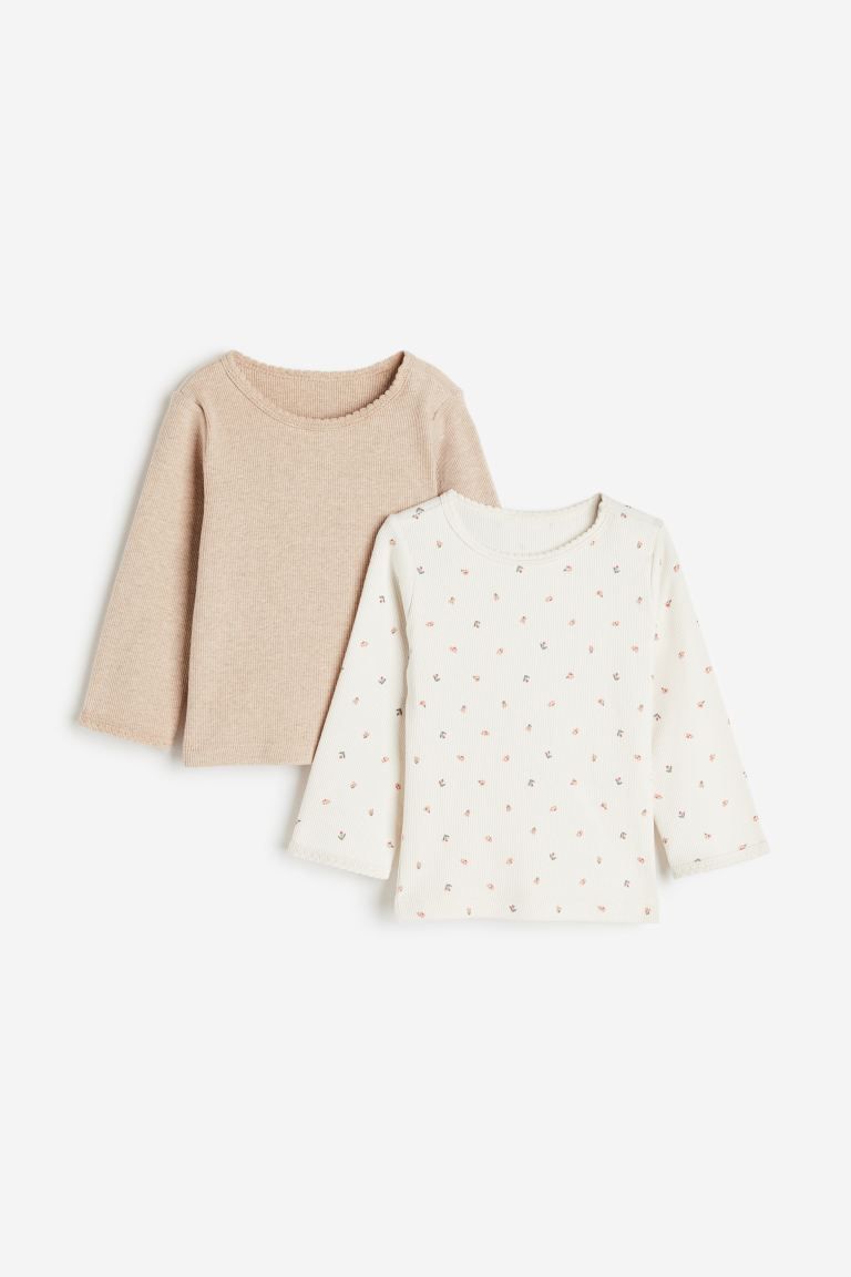 2-pack Ribbed Jersey Tops - Natural white/floral - Kids | H&M US | H&M (US + CA)