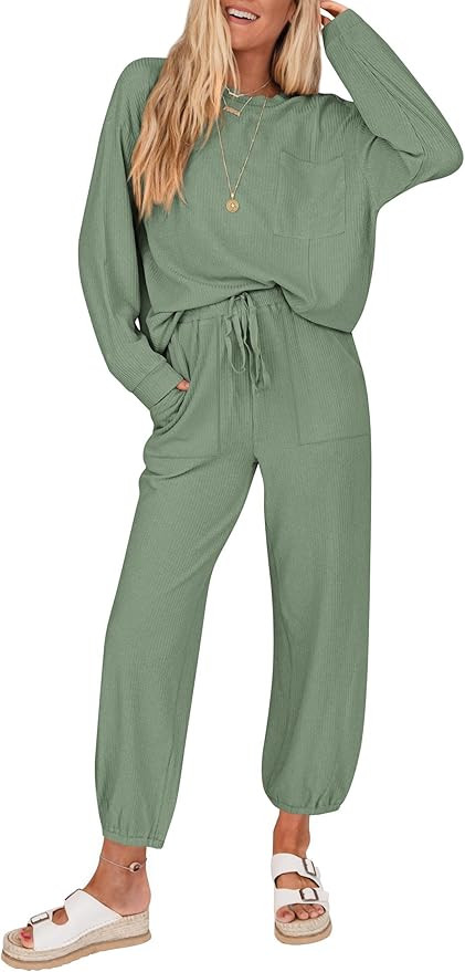 KIRUNDO Lounge Sets for Women 2026 Spring Travel Airport Outfits Ribbed Knit Tops Jogger Pants Tr... | Amazon (US)