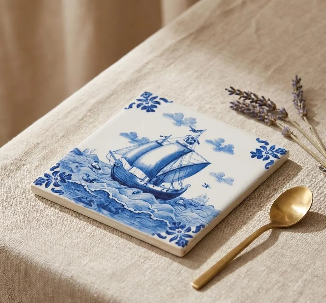 Delft Blue Tile, Antique Sailing Boat Ceramic Coaster | Dutch Nautical Tile Style, Cork Back, 3.9... | Etsy (US)