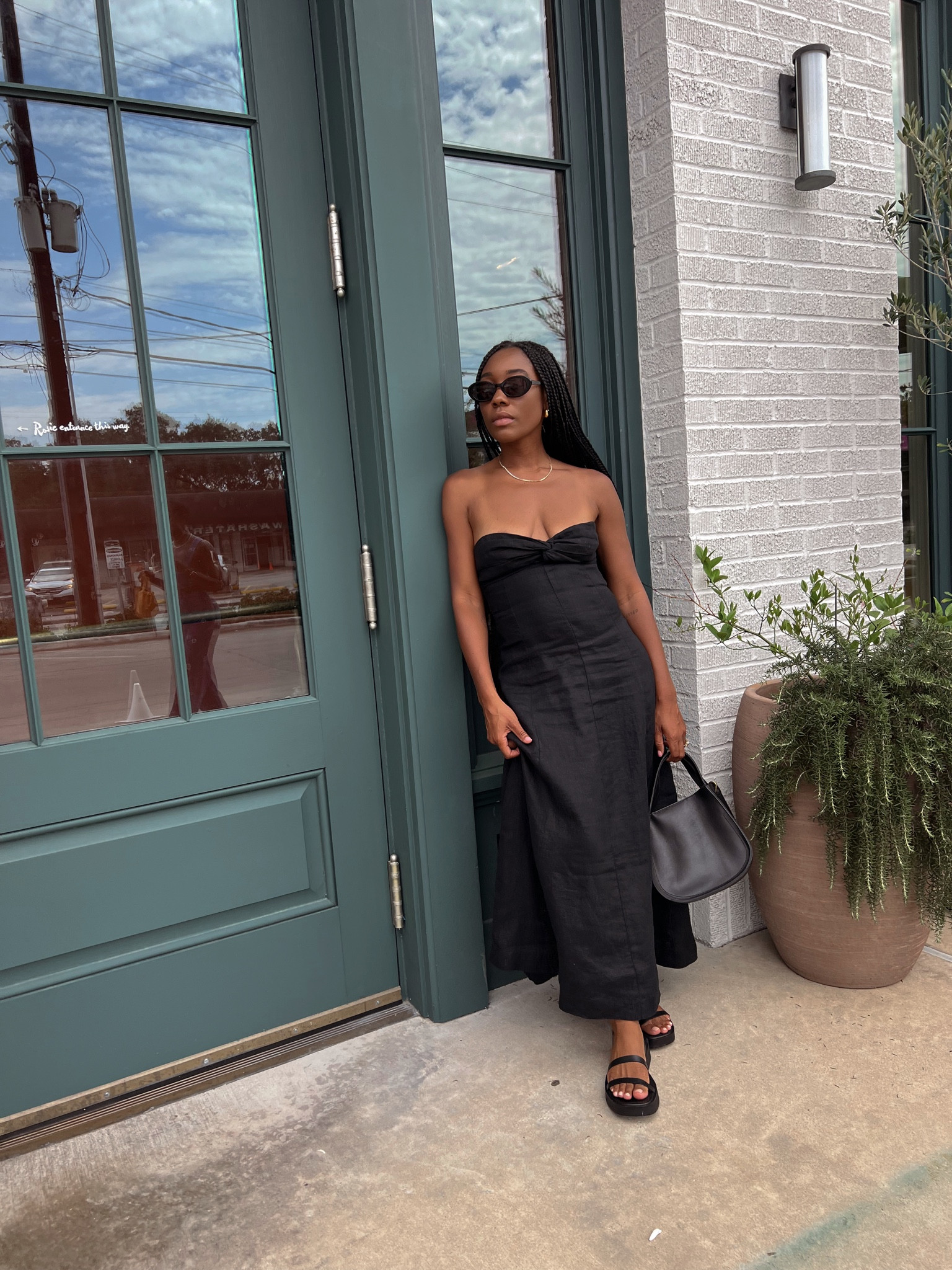 Black linen strapless dress,  black strappy sandals, black leather handbag 

#LTKshoecrush #LTKitbag #LTKstyletip