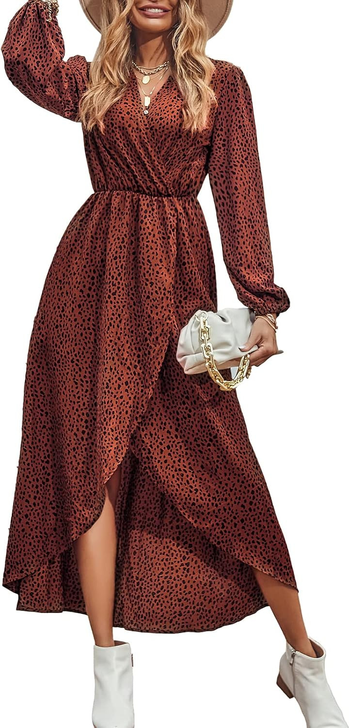 PRETTYGARDEN Women’s Long Sleeve Bohemian Dress V-Neck Floral Print High Split Tie Wrap Midi Fl... | Amazon (US)