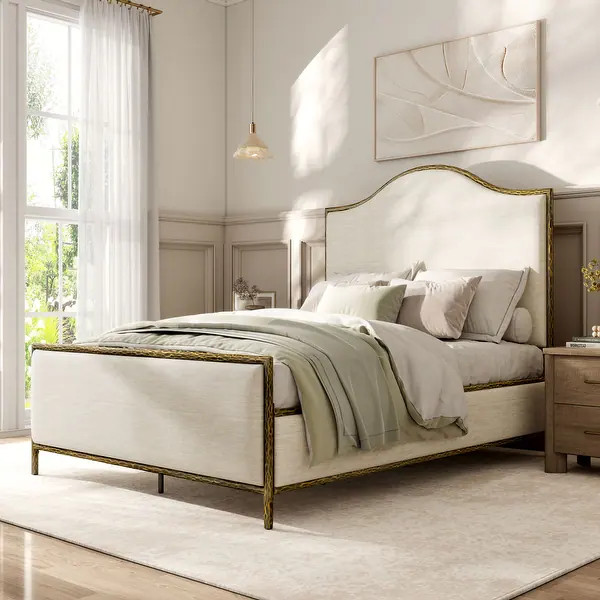 247 Shop At Home Lalia Modern Beige Upholstered Hammered Metal Camelback Bed - Bed Bath & Beyond ... | Bed Bath & Beyond